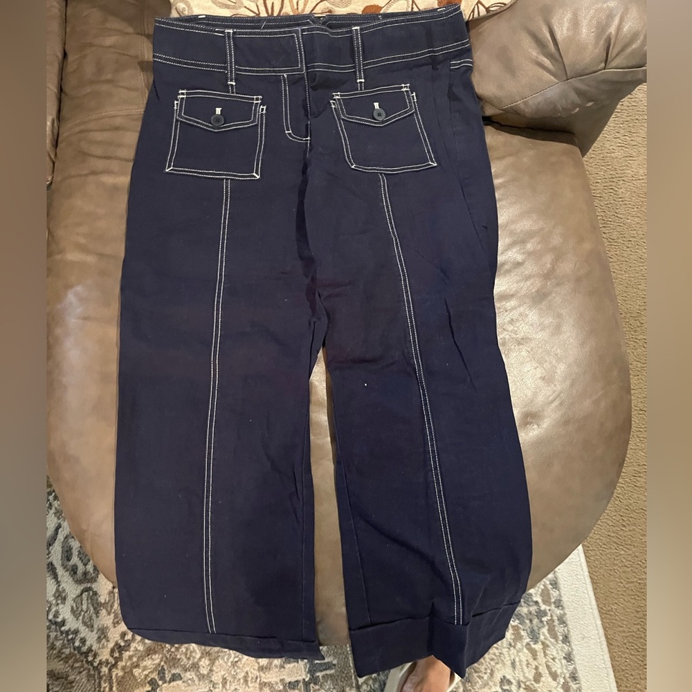 Loft, Blue with White stitching crop pant. Size 10